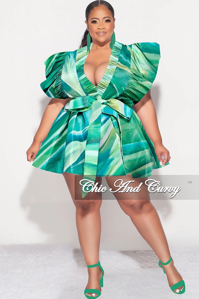 Ready For Action Comfort Layer Final Sale Plus Size Ruffle Trim Babydoll Bubble Dress in Green Print