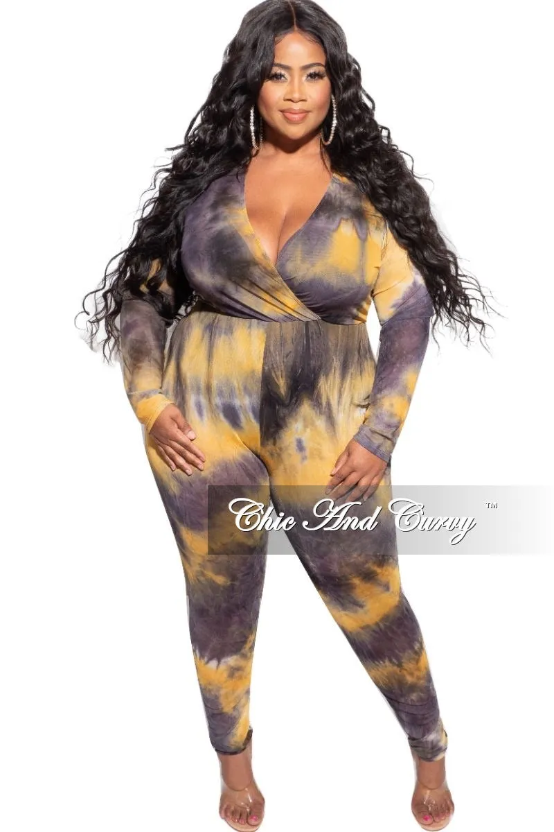 Abrasion resistant Final Sale Plus Size Faux Wrap Mesh Jumpsuit in Black & Yellow Tie Dye