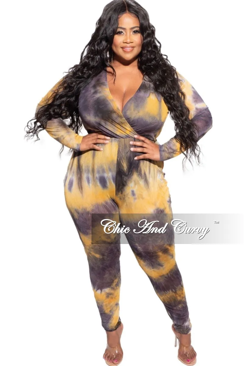 Final Sale Plus Size Faux Wrap Mesh Jumpsuit in Black & Yellow Tie Dye Flat waistband Casual Layer