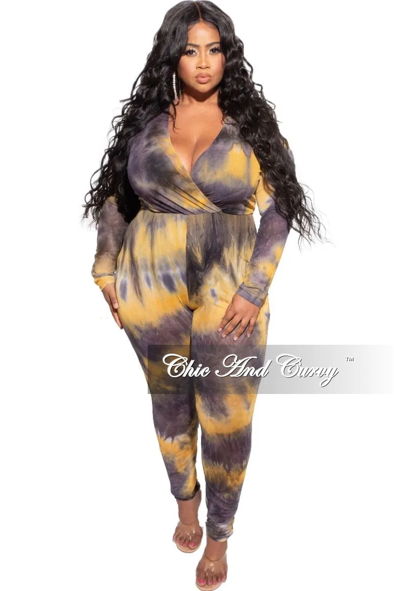 Final Sale Plus Size Faux Wrap Mesh Jumpsuit in Black & Yellow Tie Dye Cozy Casual