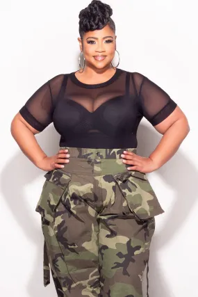 Chafe-Free Fit Final Sale Plus Size Mesh Short Sleeve Thong Bodysuit in Black