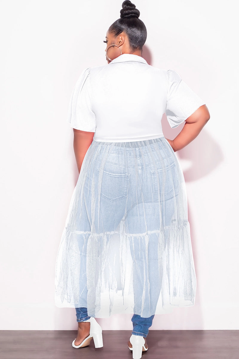 Multi-Purpose Wear Polyester fabric Final Sale Plus Size Top with Sheer Detail in White