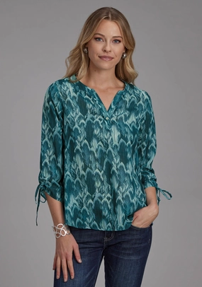 Roper Womens Feather Georgette Teal 100% Polyester 3/4 Sleeve S/S Blouse Smooth Cotton Blend