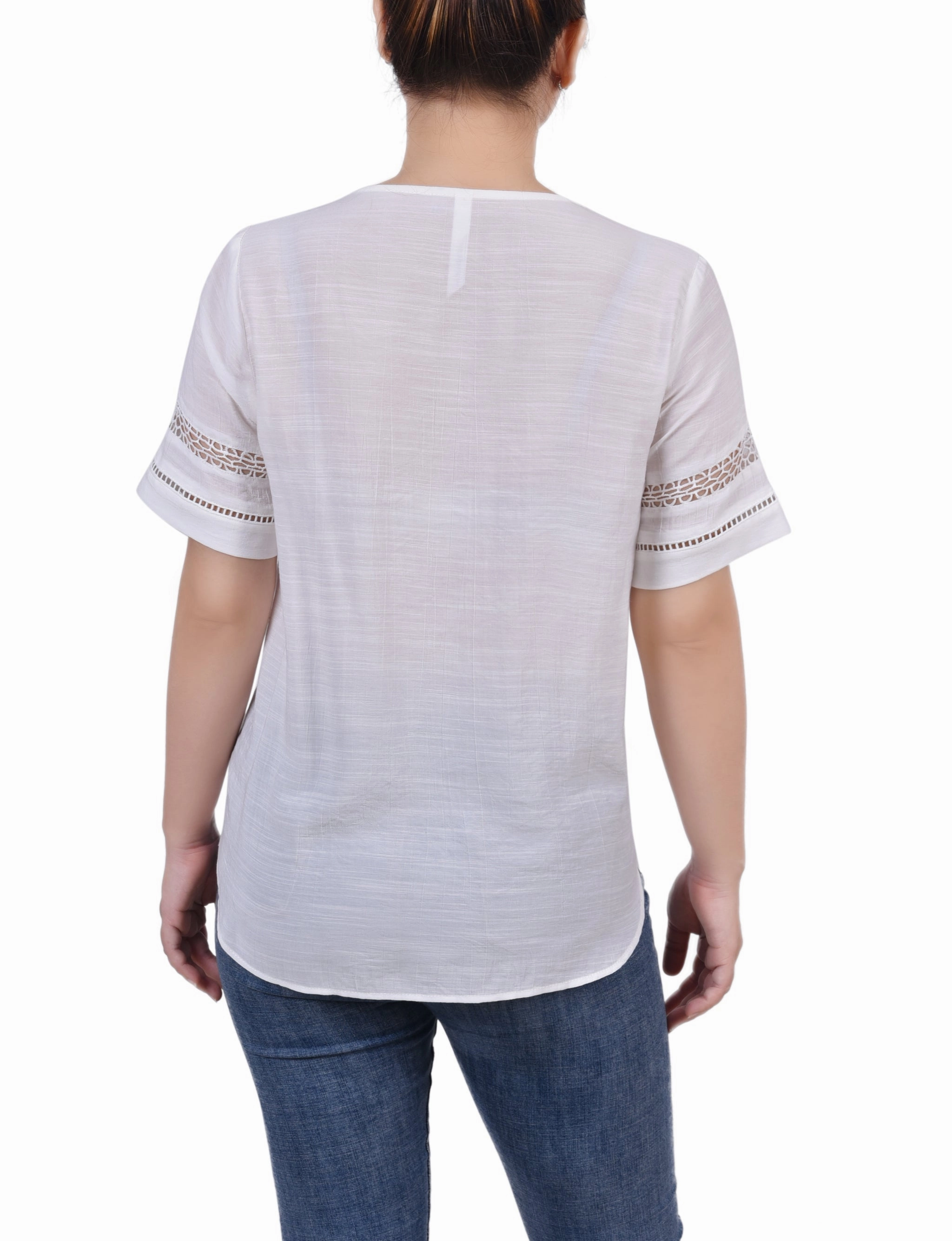 Short Sleeve Crochet Trim Blouse FasteningHood