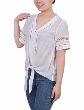 Short Sleeve Crochet Trim Blouse SoftInteriorLining