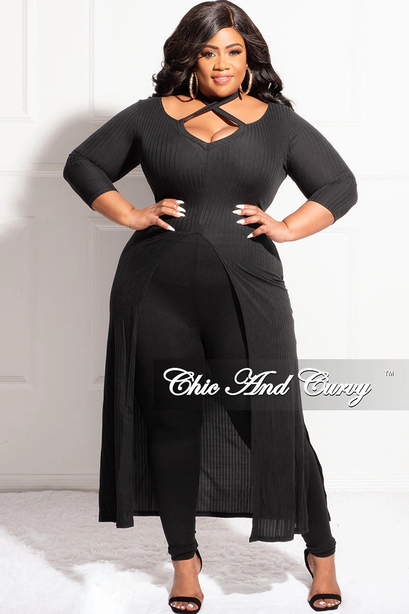 AntiSlipGrip Anti Bacterial Treatment Final Sale Plus Size Ribbed Long Tunic Top in Black