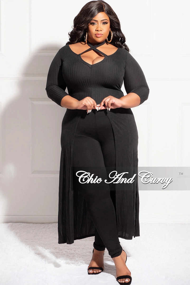 Final Sale Plus Size Ribbed Long Tunic Top in Black Anti Cling Finish