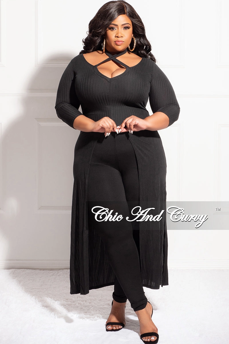 Final Sale Plus Size Ribbed Long Tunic Top in Black Seamless Comfort