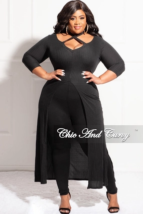 Final Sale Plus Size Ribbed Long Tunic Top in Black Recycled Polyester Blend