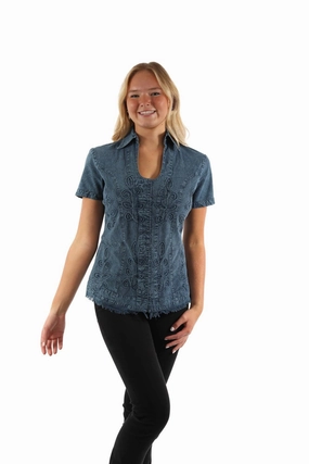 Spring Trend Scully Womens Cantina Soutach Dark Blue 100% Cotton S/S Blouse