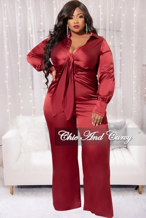 Final Sale Plus Size Satin Collar Front Tie Button Up Jumpsuit in Burgundy Antistatic wrinkle free finish