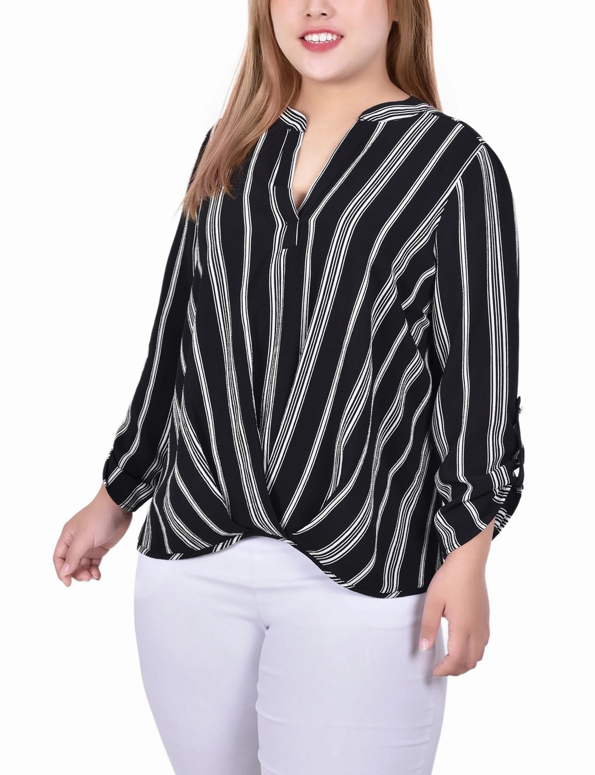 Durable Reinforced Elbows Stylish Dress Plus Size 3/4 Sleeve Mandarin Collar Blouse With Front Pleats