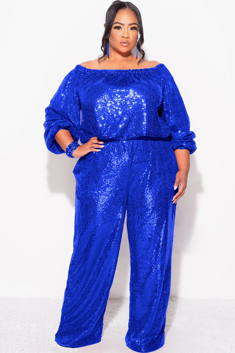 Final Sale Plus Size 2pc Sequin Top and Pants Set in ROYAL BLUE Curved Hemline