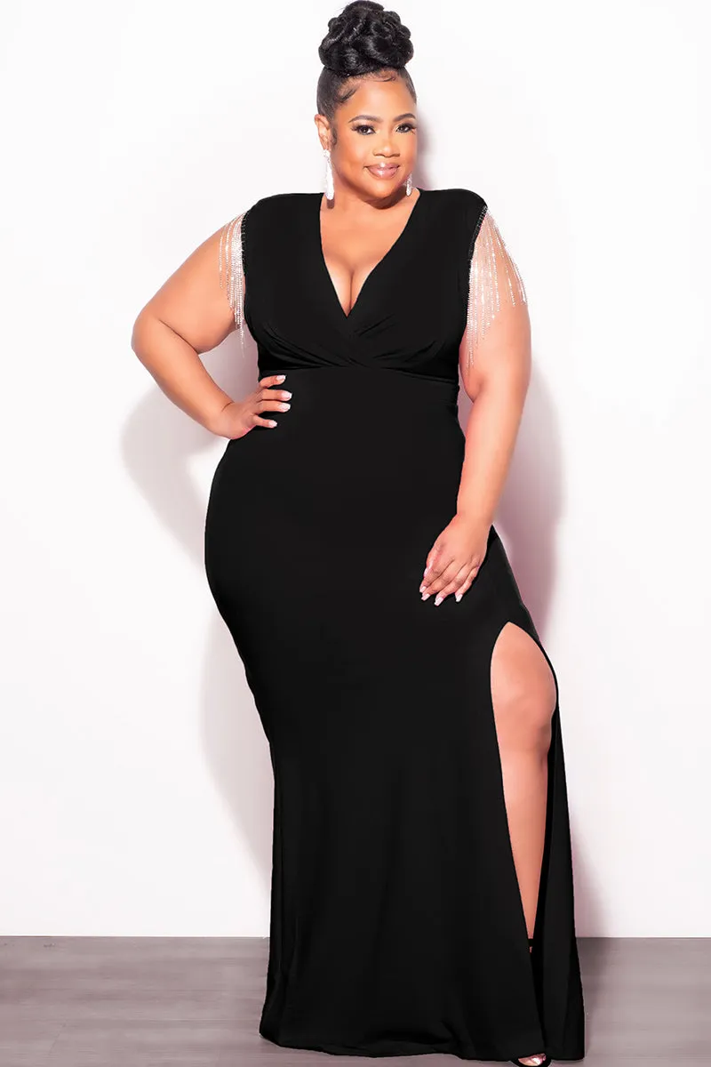 Final Sale Plus Size Faux Wrap Rhinestone Fringe Sleeve Maxi Dress in Black No Ride Organic Cotton Blend