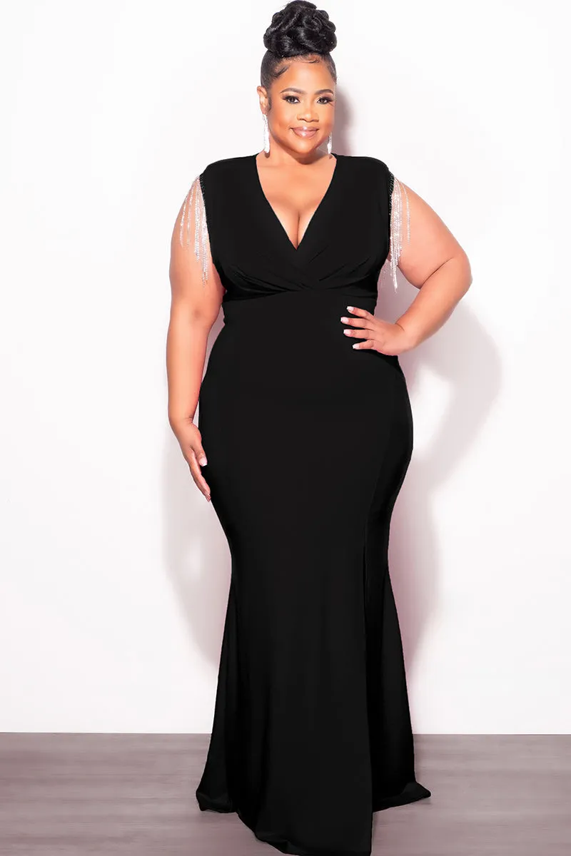 Final Sale Plus Size Faux Wrap Rhinestone Fringe Sleeve Maxi Dress in Black Supportive Fit All weather