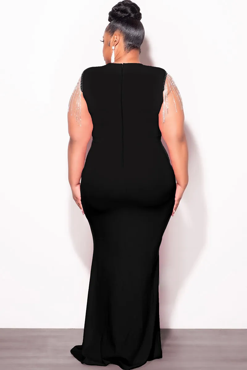 Anti Static Fabric High Quality Material Final Sale Plus Size Faux Wrap Rhinestone Fringe Sleeve Maxi Dress in Black
