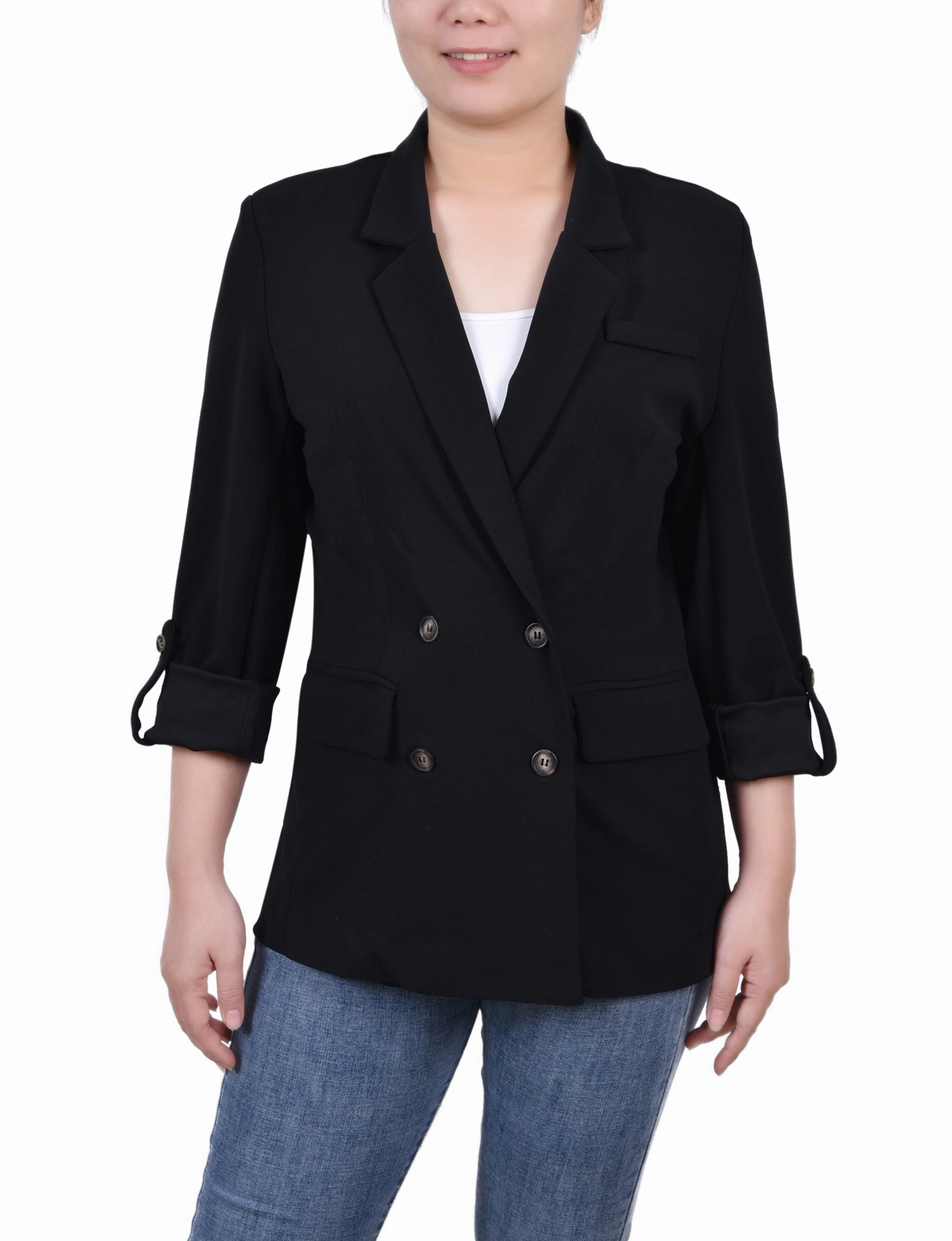 Temperature Regulating Fibers Petite Long Sleeve Double Breasted Crepe Jacket