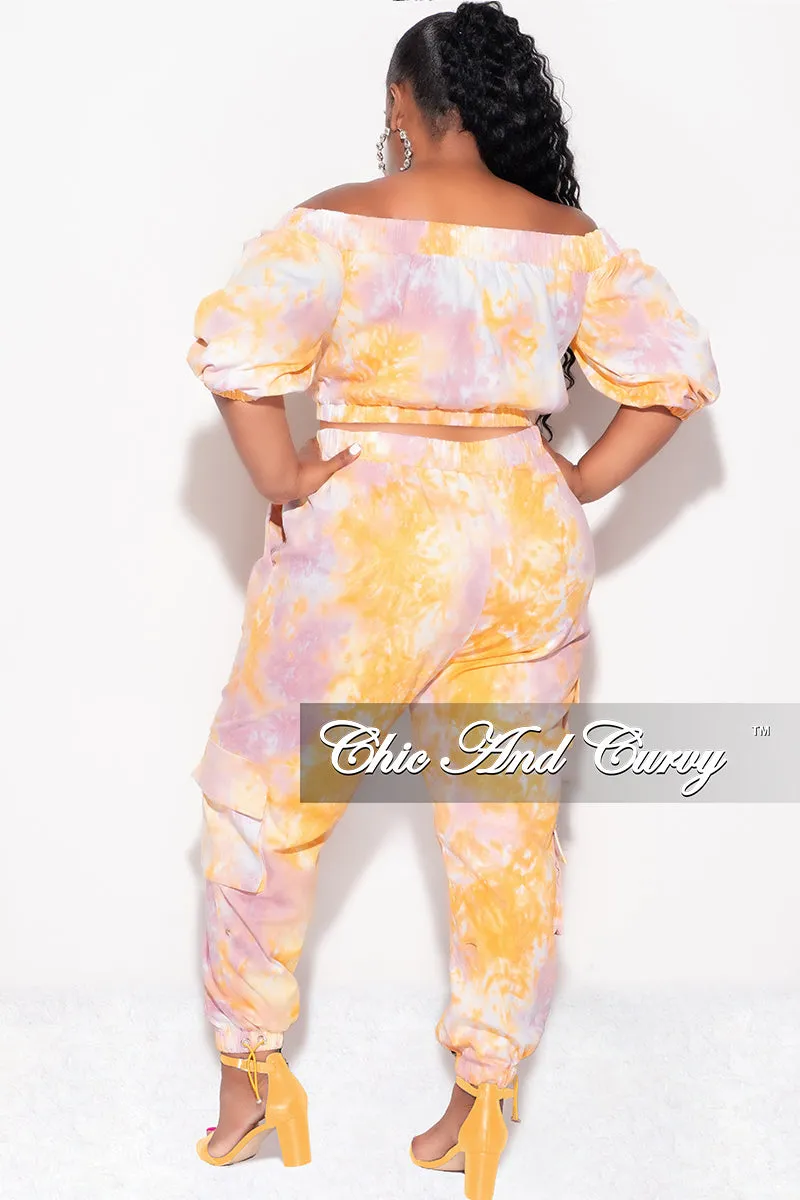 Chilly Weather Comfort Recycled Polyester Final Sale Plus Size 2pc Off the Shoulder Crop Top & Cargo Pants in Pink & Orange