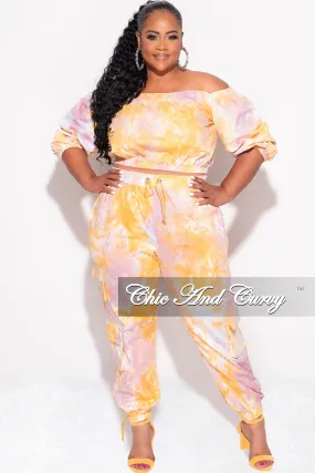 Final Sale Plus Size 2pc Off the Shoulder Crop Top & Cargo Pants in Pink & Orange Day To Night