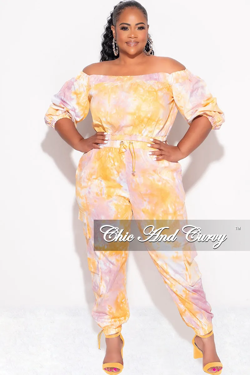 Final Sale Plus Size 2pc Off the Shoulder Crop Top & Cargo Pants in Pink & Orange On The Go