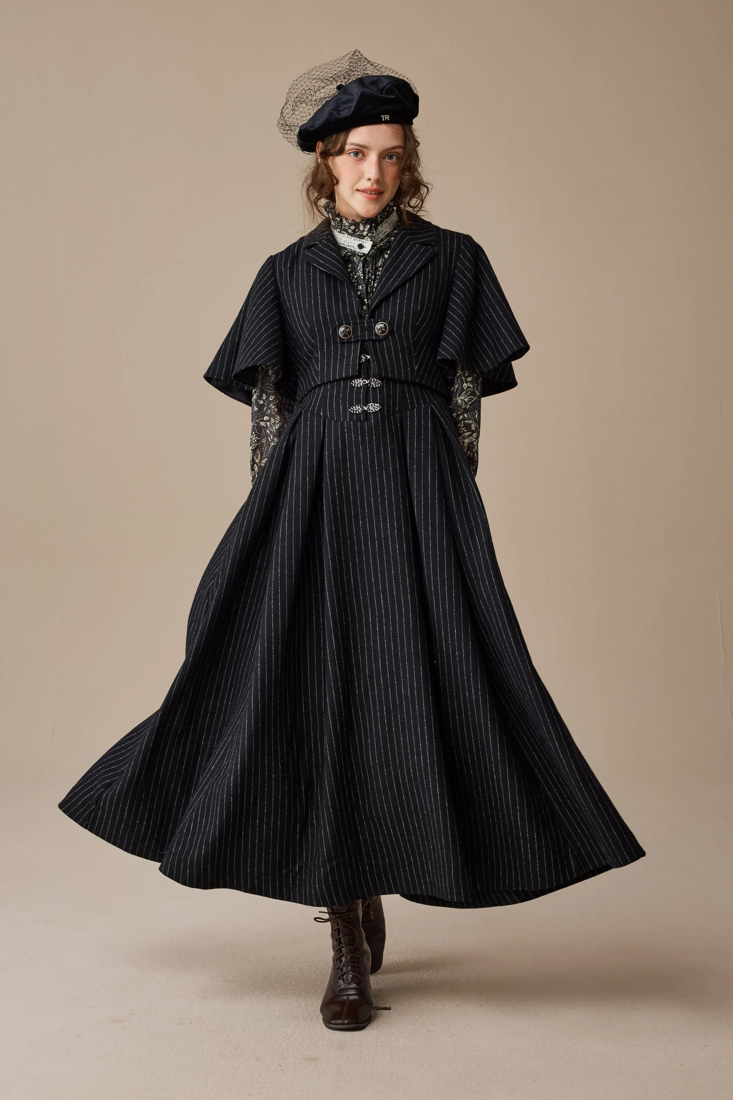 Hidden Button Placket Clarise 22 |Retro Wool Skirt & Cape (2 pieces)