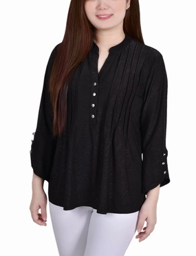 Petite 3/4 Sleeve Overlapped Bell Sleeve Y Neck Top Odor Neutralizing Technology