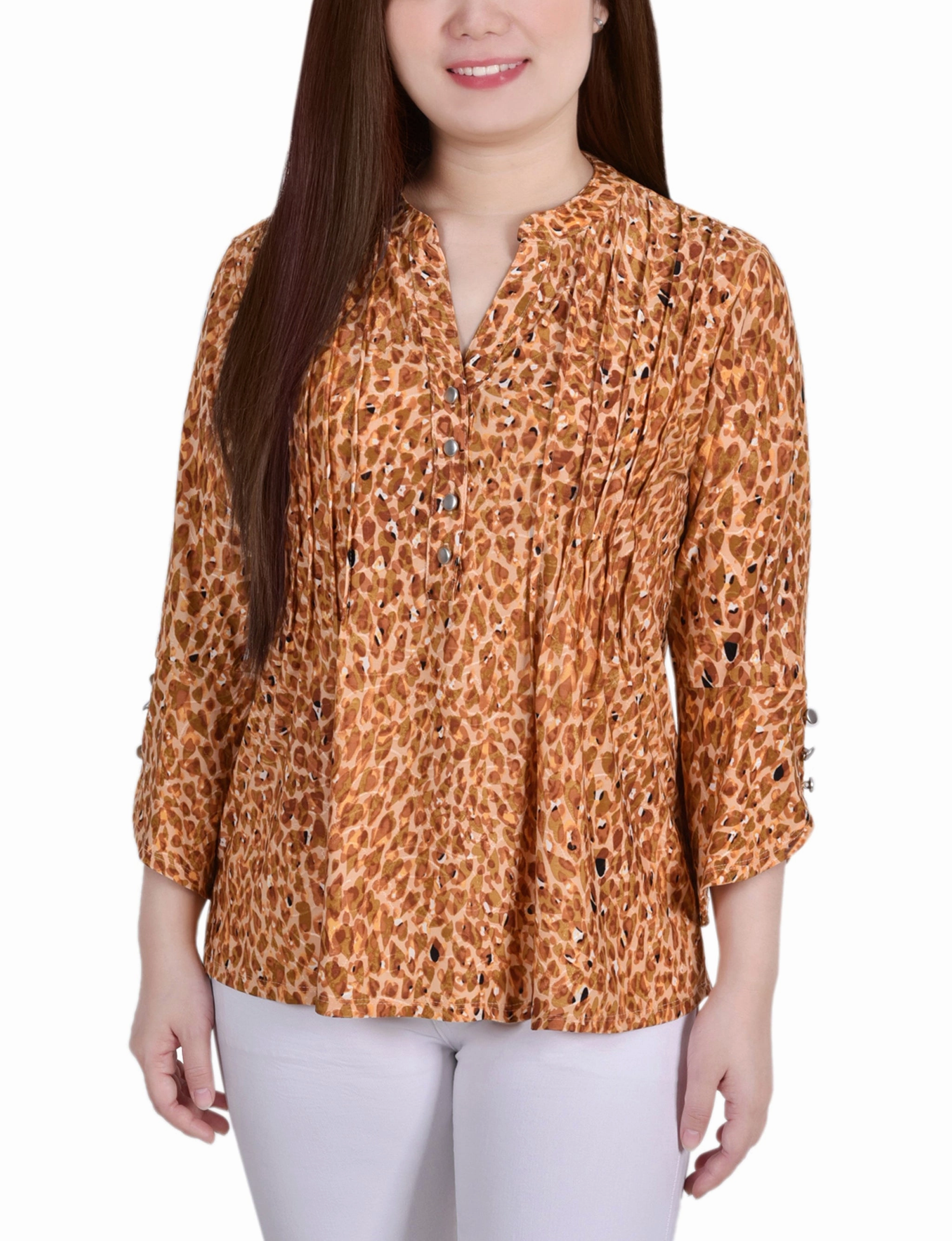 UltraSoftLining Petite 3/4 Sleeve Overlapped Bell Sleeve Y Neck Top