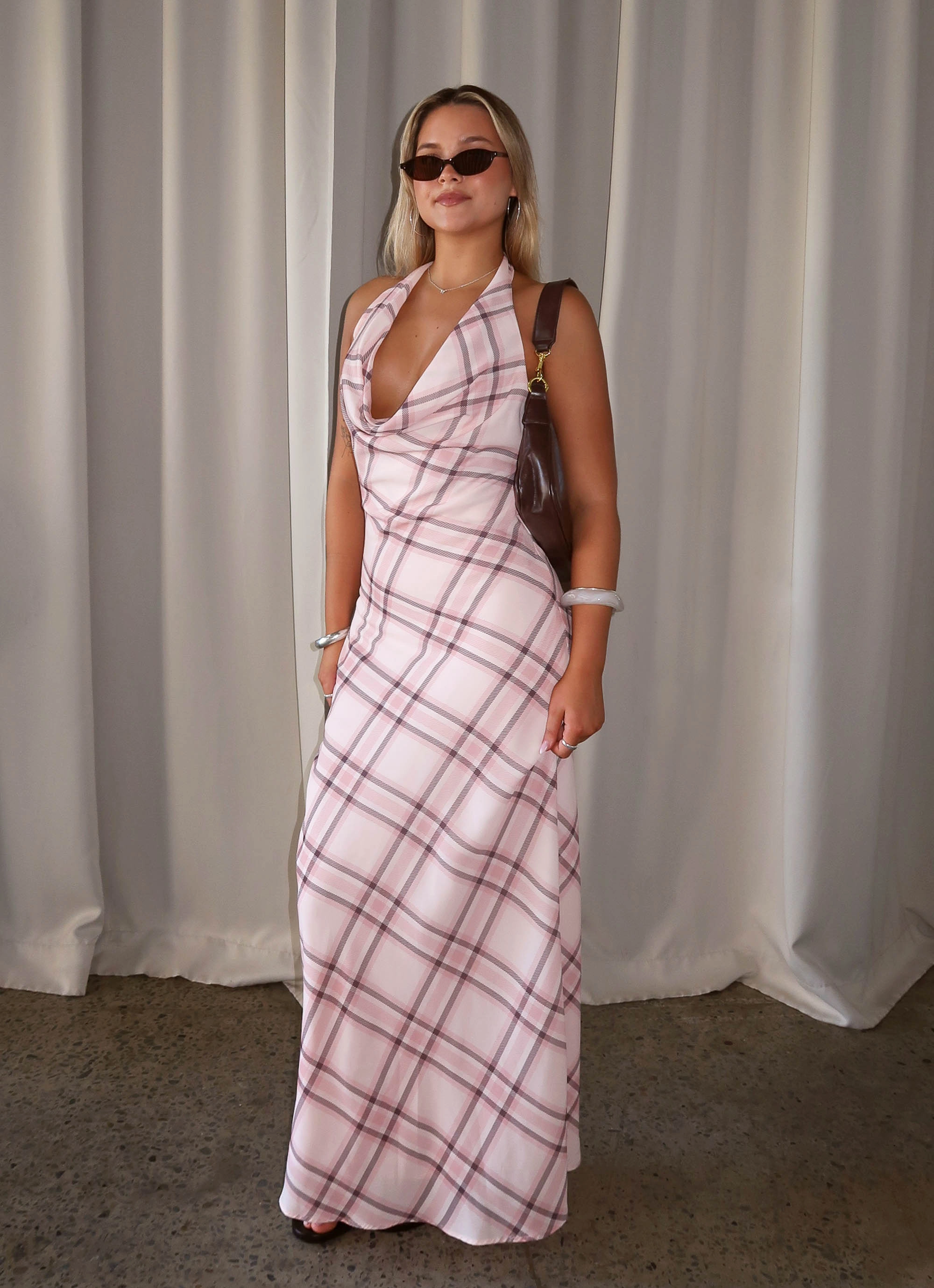Minimal Design Muse Maxi Dress - Pink Check