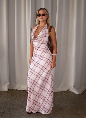 Minimal Design Muse Maxi Dress - Pink Check