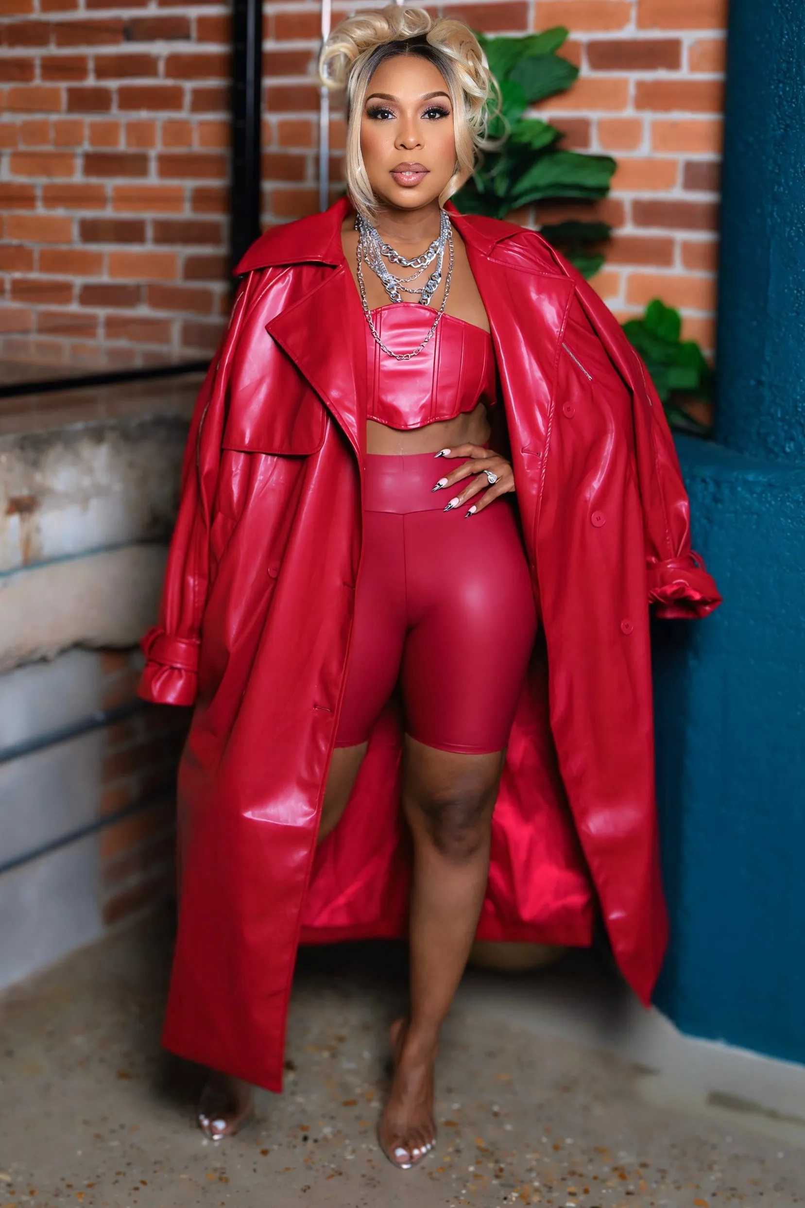 Nadeene Fierce Red Vegan Bandeau And Trench Set Micro Perforated Panels