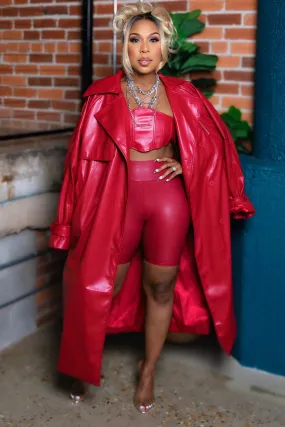 Nadeene Fierce Red Vegan Bandeau And Trench Set Micro Perforated Panels