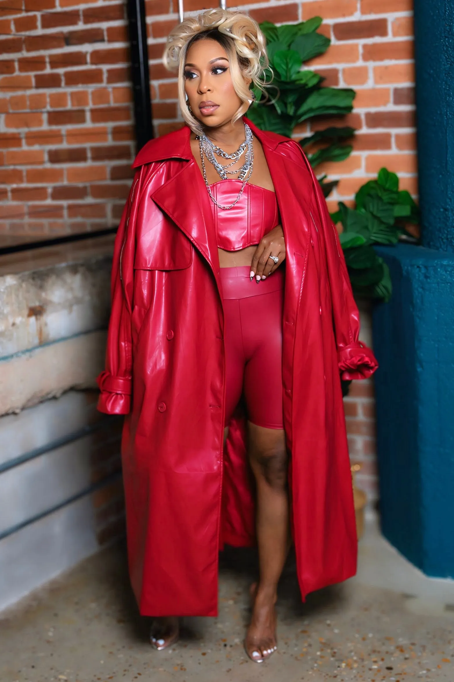 Nadeene Fierce Red Vegan Bandeau And Trench Set Adjustable Hemline