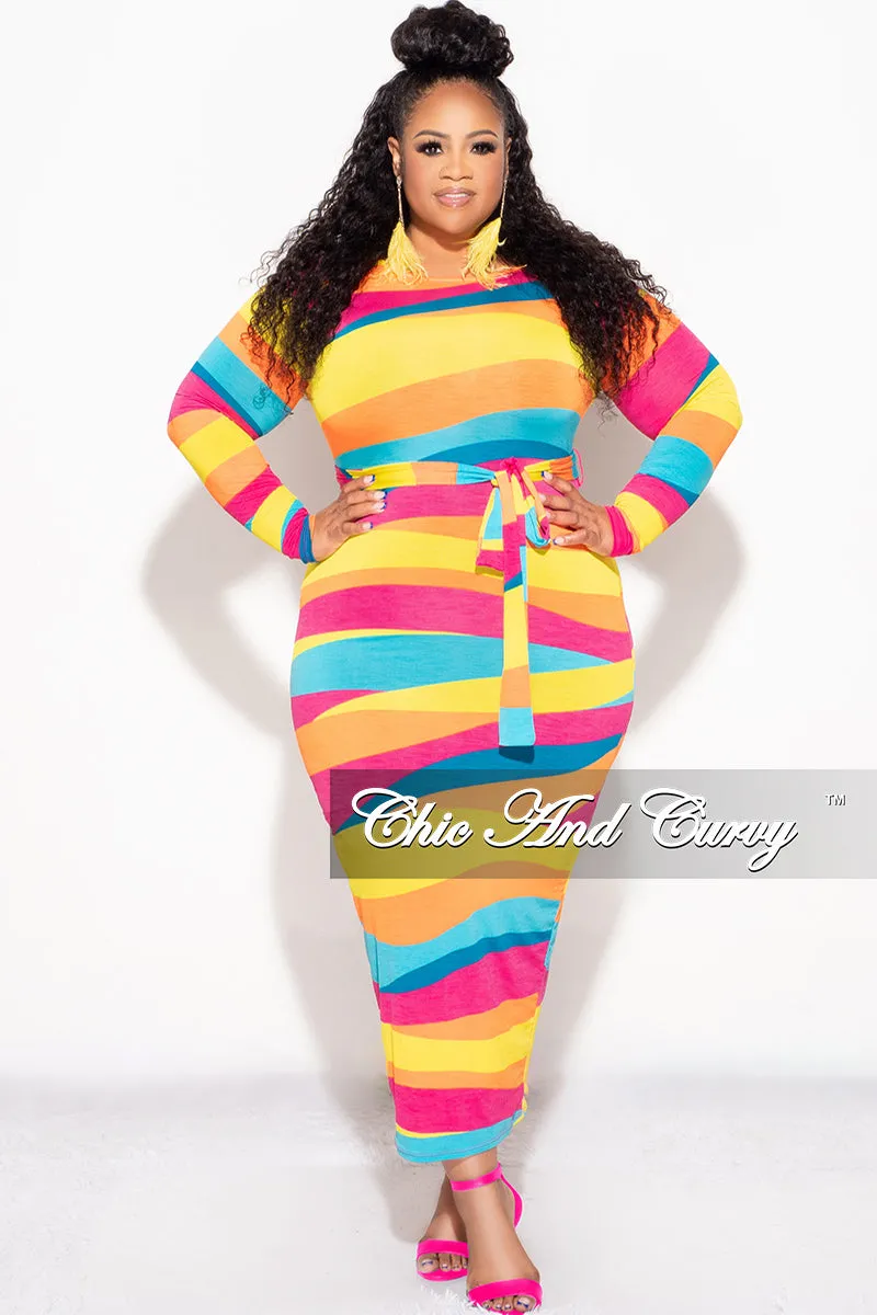 Solid shade Stretch Fit Final Sale Plus Size BodyCon Dress with Tie in Multi Color Stripe Print