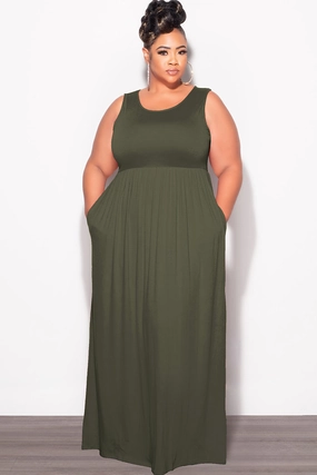 AntiSlipWaistband All Season Fit Final Sale Plus Size Sleeveless Maxi Dress in Olive
