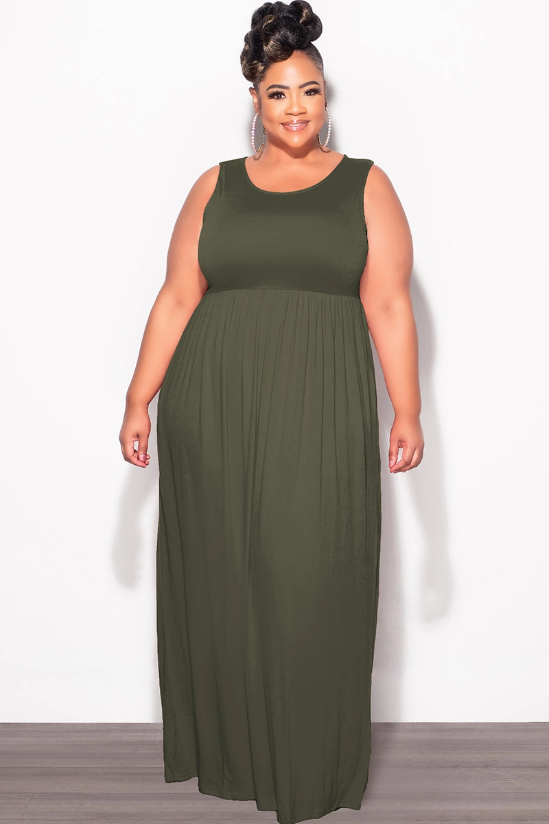 Core Basic Final Sale Plus Size Sleeveless Maxi Dress in Olive