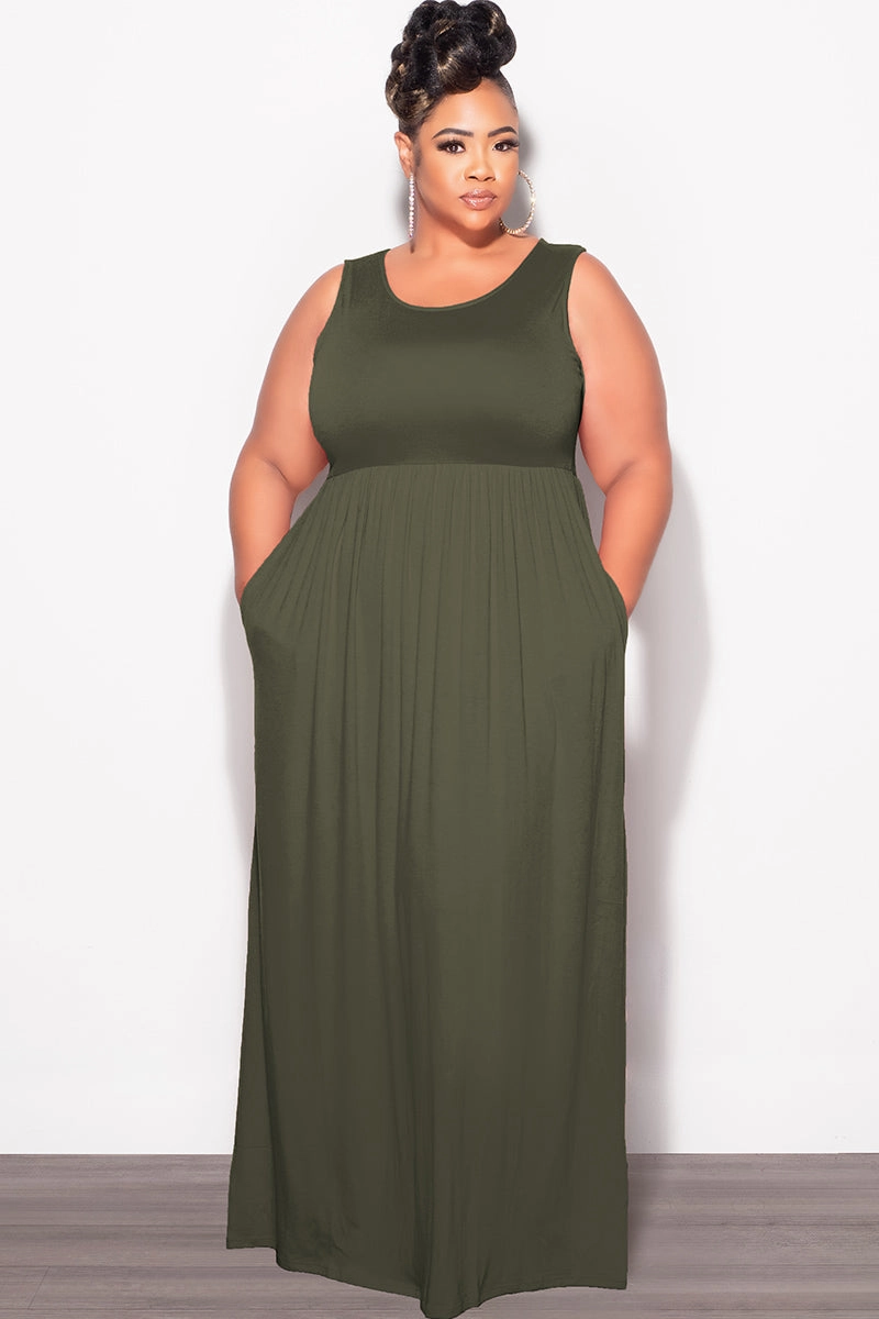 Durable Seam Construction Smart Utility Final Sale Plus Size Sleeveless Maxi Dress in Olive