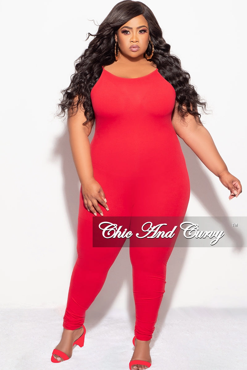 Moisture Wicking Technology Durable Seams Final Sale Plus Size Spaghetti Strap Catsuit Unitard in Red