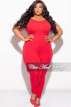 Mesh Comfort Final Sale Plus Size Spaghetti Strap Catsuit Unitard in Red