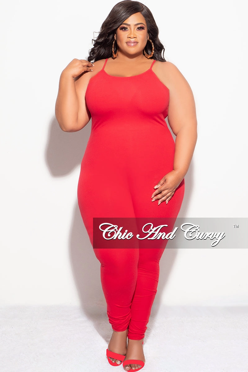anti slip grip Comfortable fit Final Sale Plus Size Spaghetti Strap Catsuit Unitard in Red
