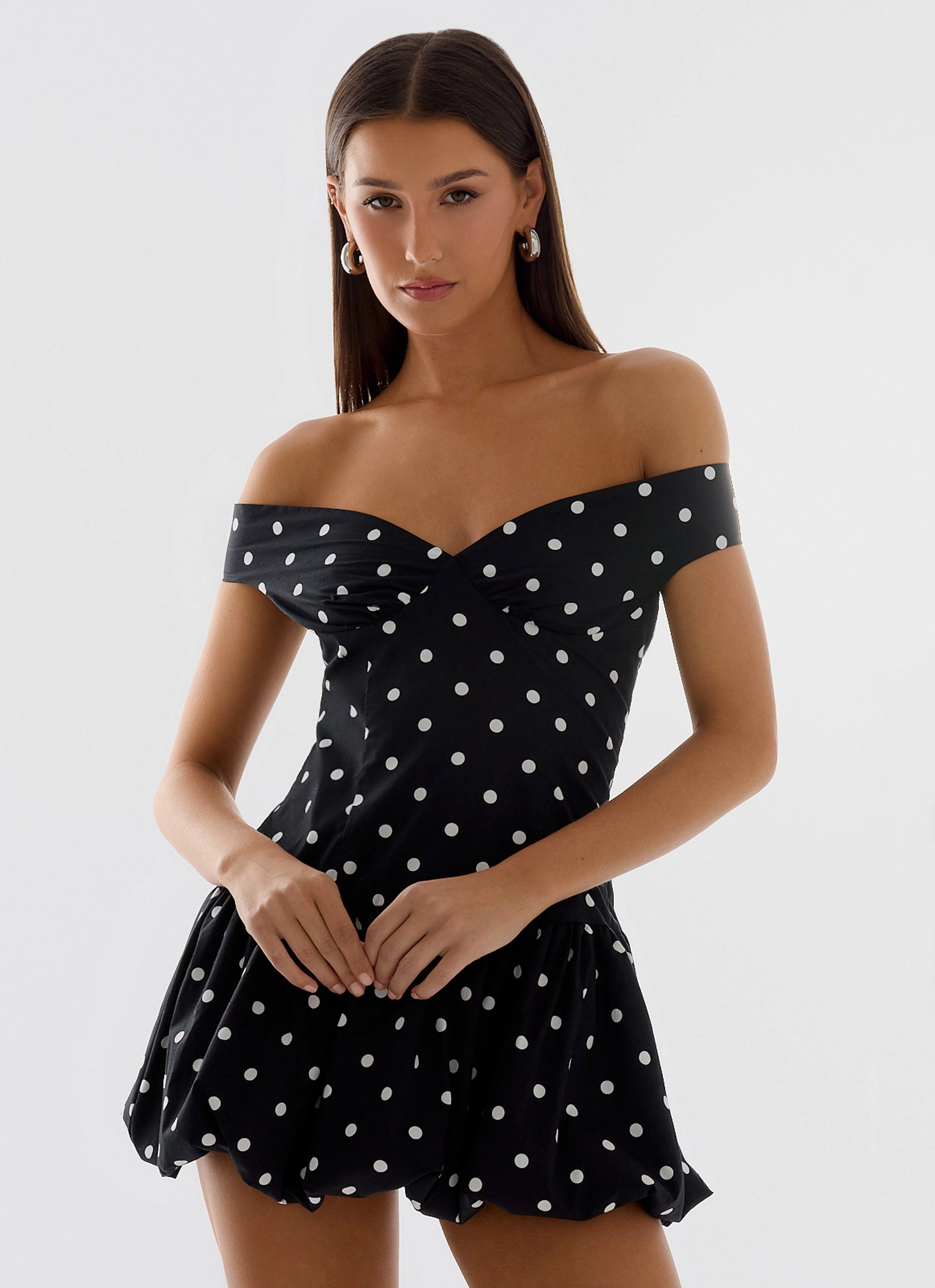 Daily Essential Neat Style Endless Romance Off Shoulder Mini Dress - Black Polkadot