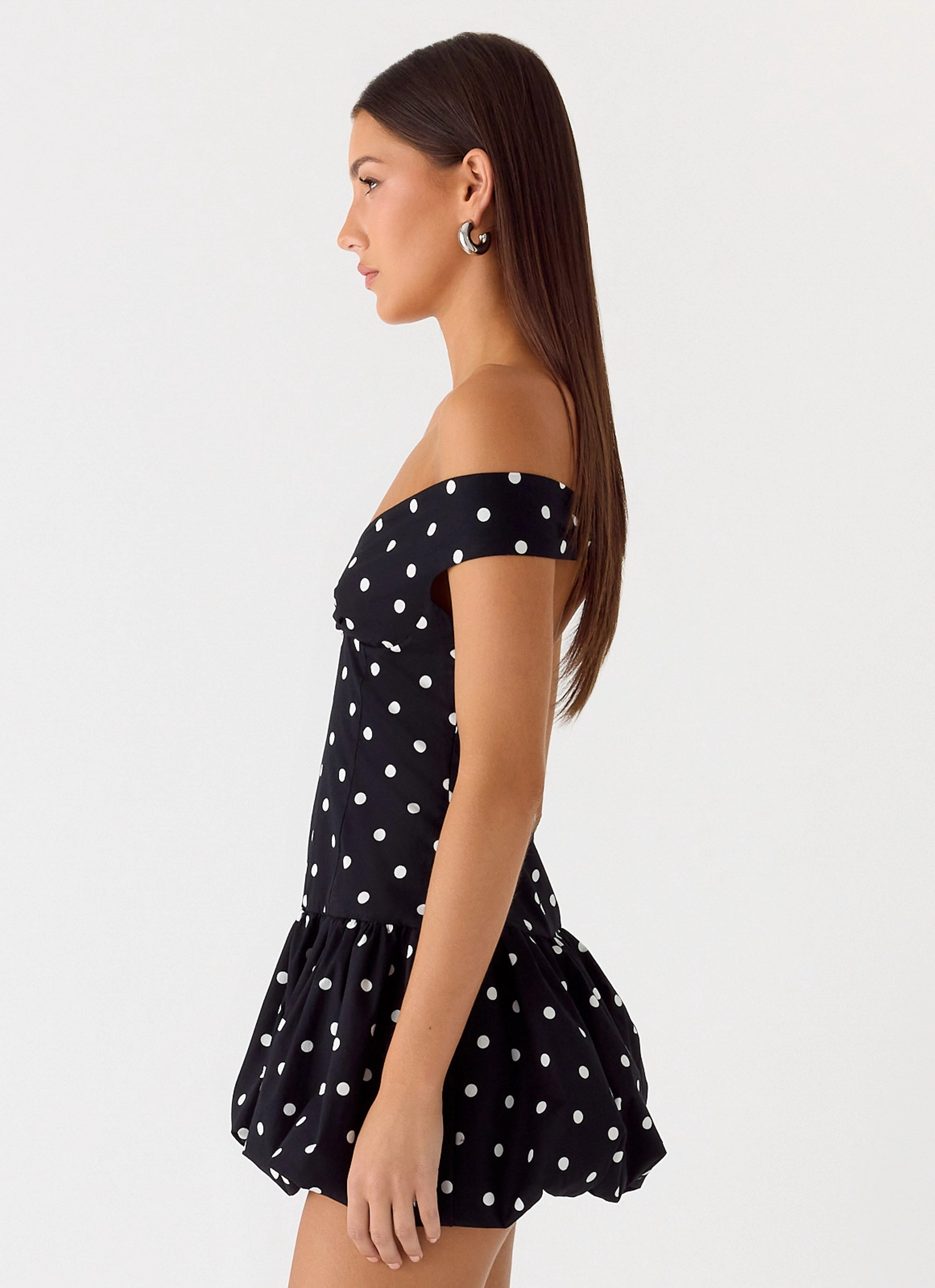 Neat Style Endless Romance Off Shoulder Mini Dress - Black Polkadot Earth Tones