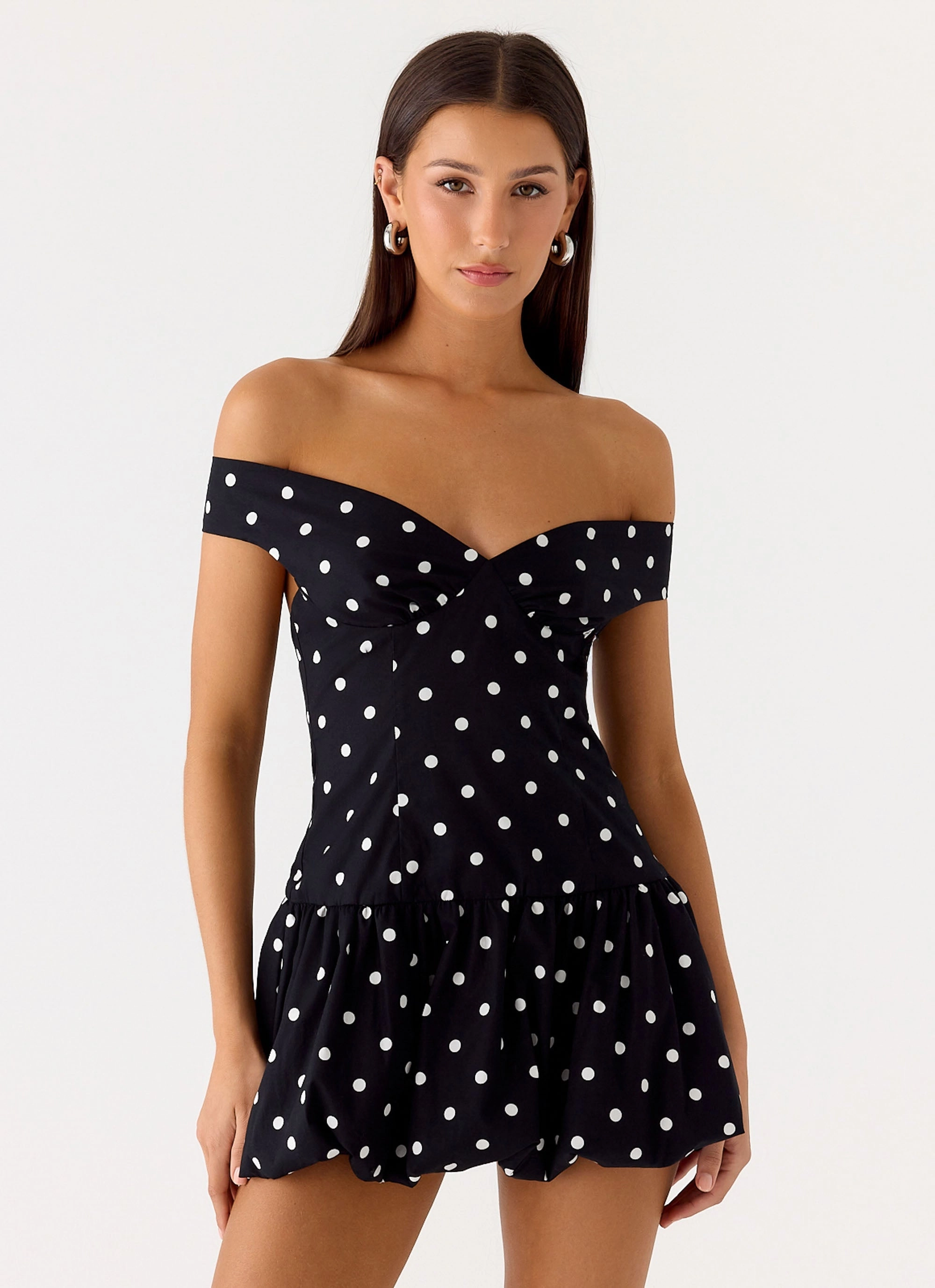 Travel Ease Smooth Finish Neat Style Endless Romance Off Shoulder Mini Dress - Black Polkadot