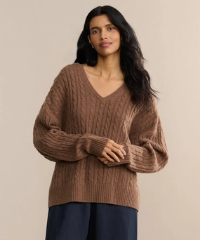 Nell V-Neck Sweater Chunky Cable Pattern Quick Dry Weaving