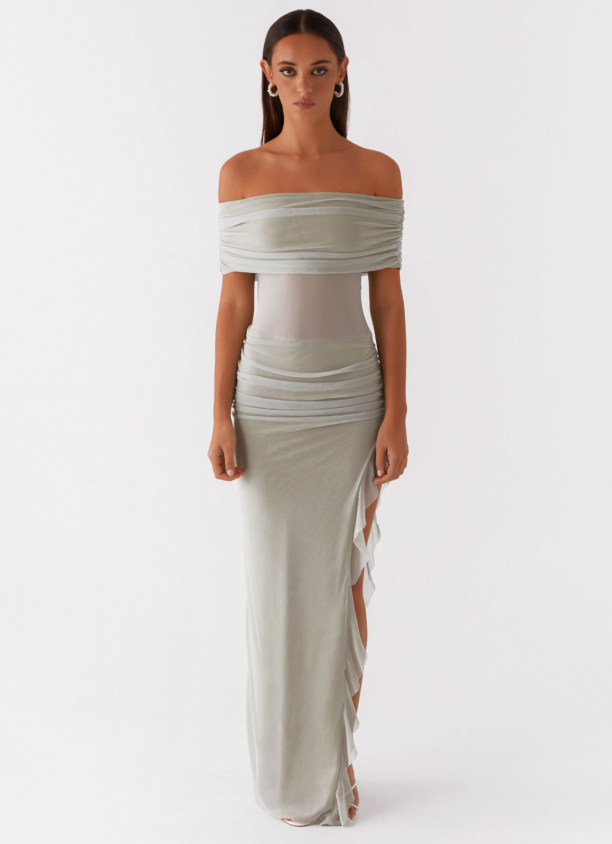 Beadwork Flattering Fit for All Nelly Off Shoulder Maxi Dress - Pistachio