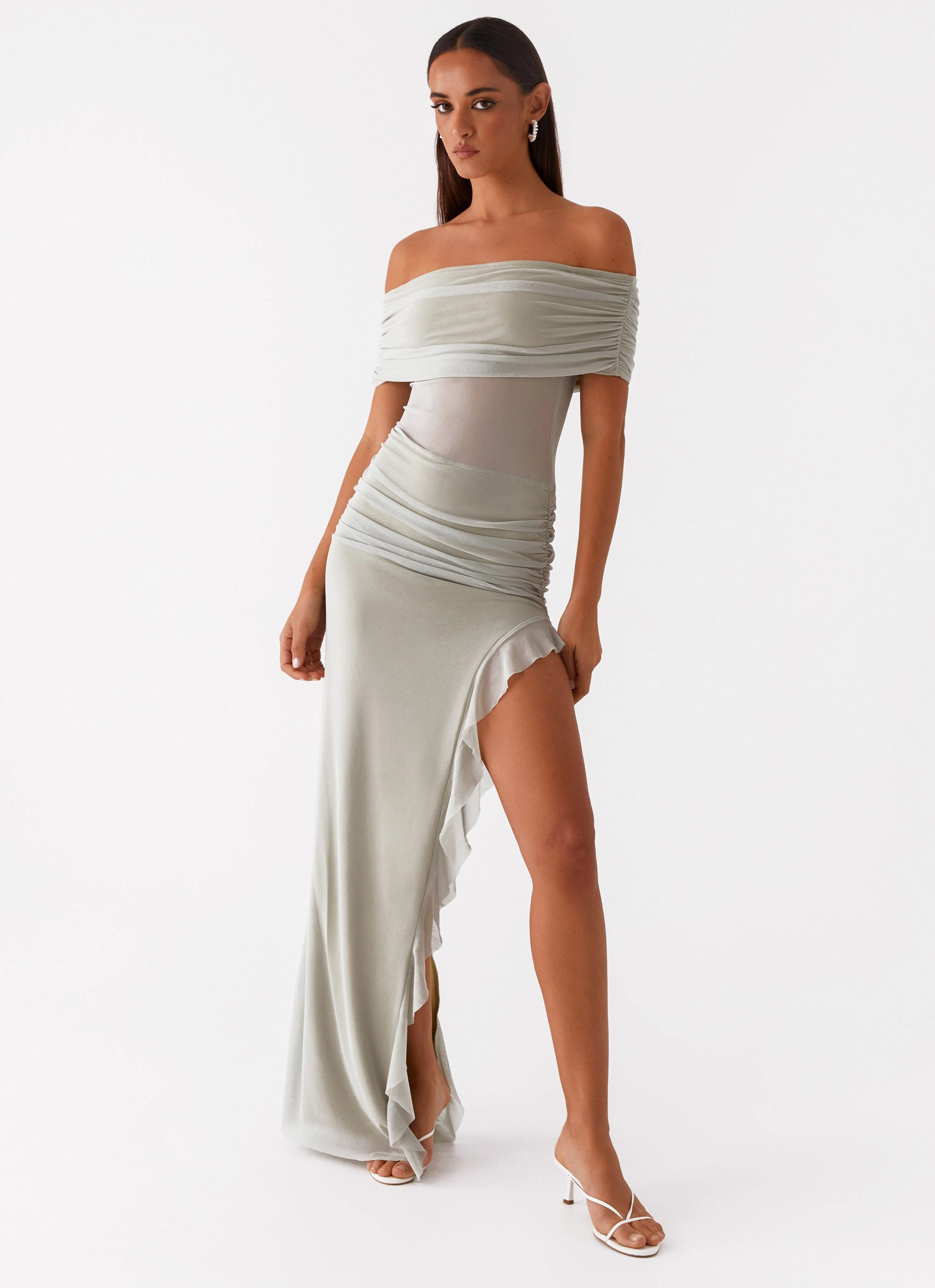 Nelly Off Shoulder Maxi Dress - Pistachio Recycled-Material