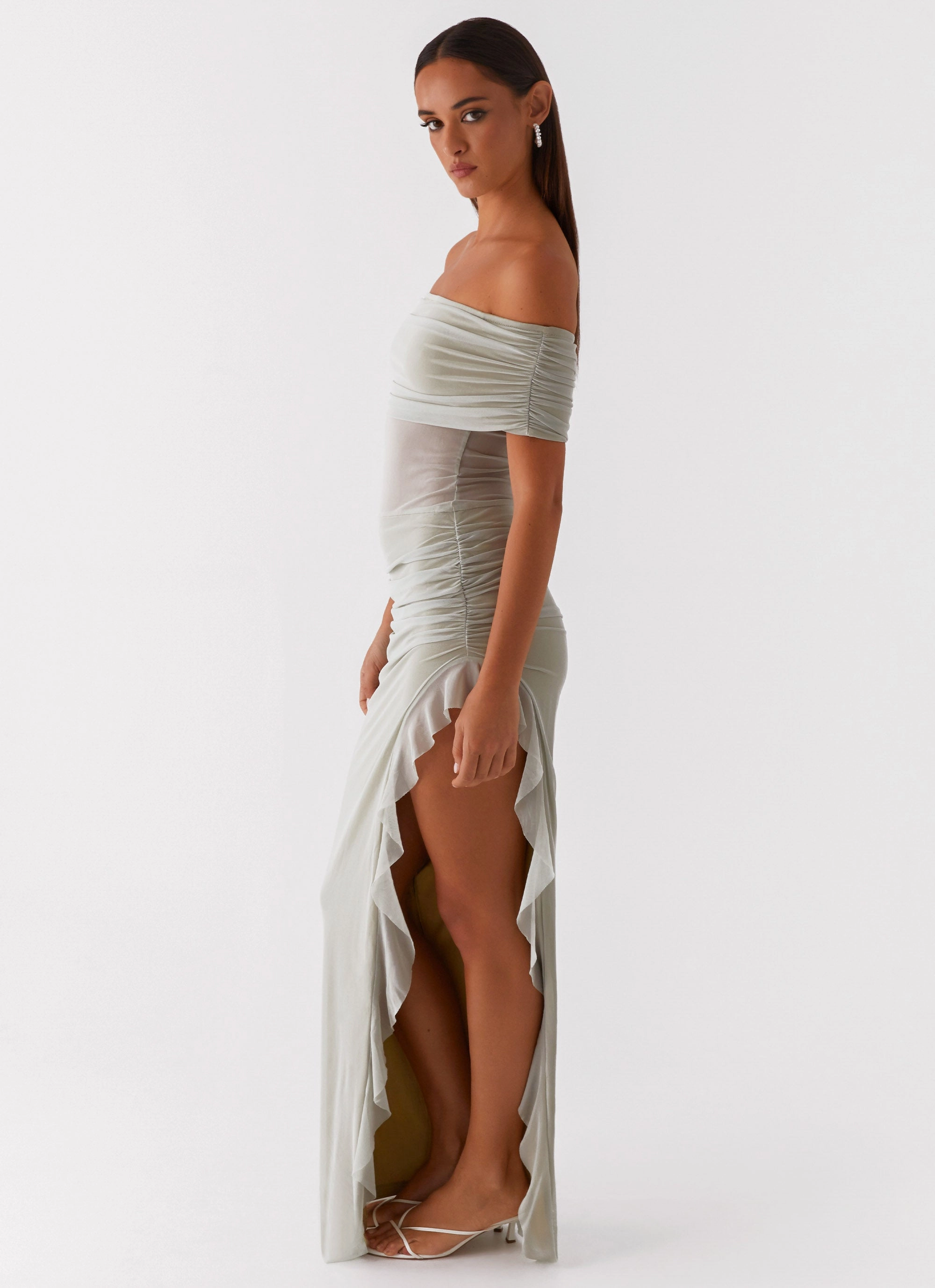 Nelly Off Shoulder Maxi Dress - Pistachio Lux Look Warm Undertone
