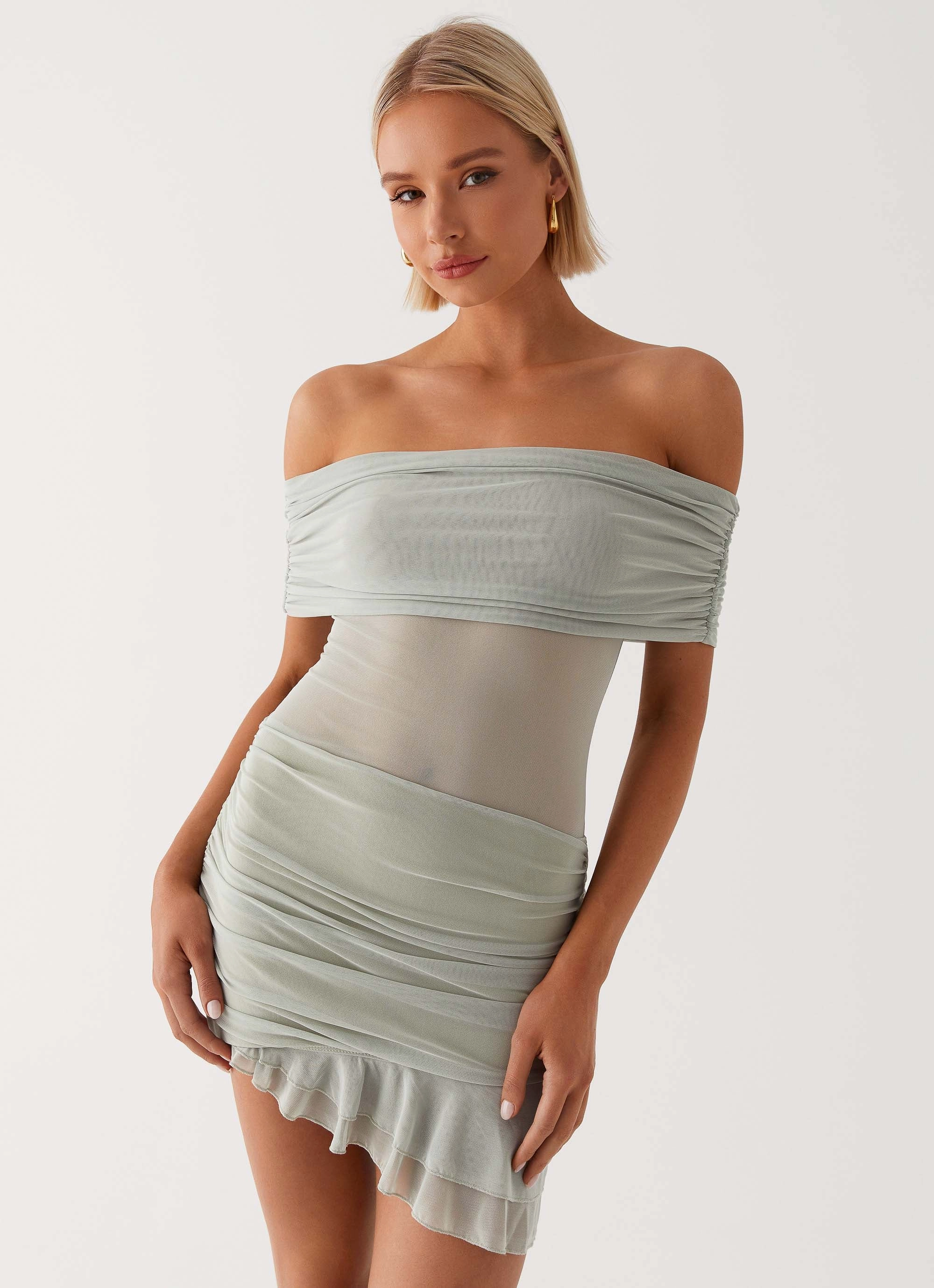 Nelly Off Shoulder Mini Dress - Pistachio Luxe Mood HypoallergenicFiber