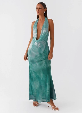 Statement Neck Feminine Layers Nerissa Cowl Neck Maxi Dress - Green Tie Dye