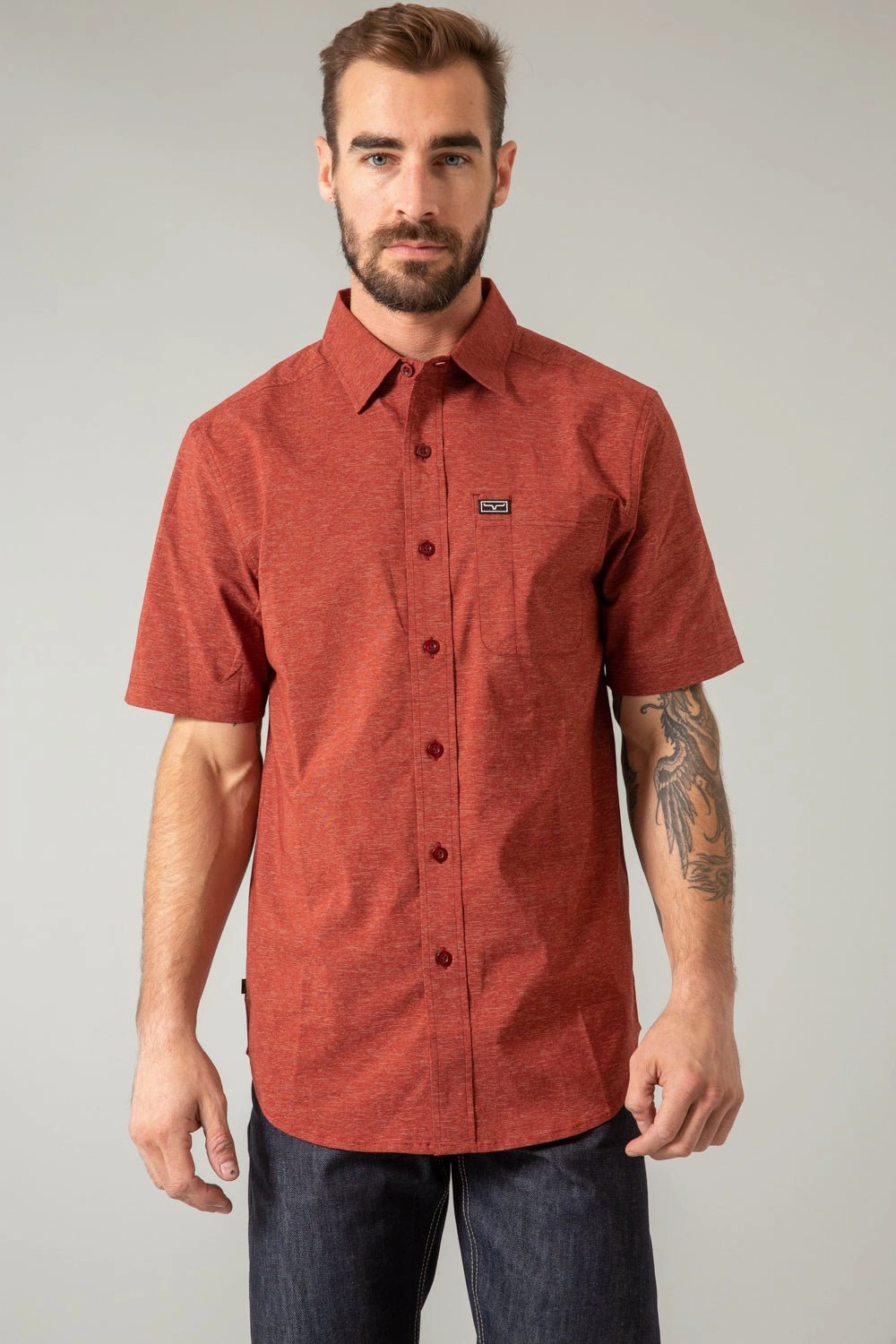 Fitted Design Kimes Ranch Mens Linville Solid Red Cotton blend S/S Shirt