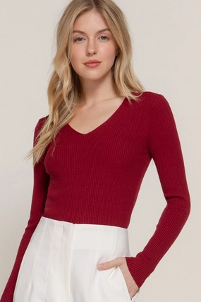 LatticeKnit NICKI LONG SLEEVE V-NECK FITTED VISCOSE RIB SWEATER TOP